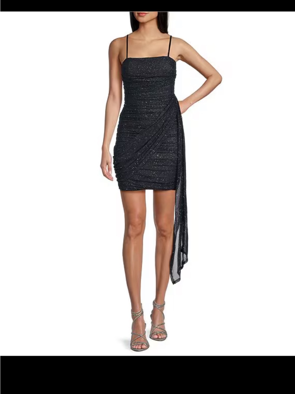 Pear Culture Hoco Glimmer Draped Mini Dress in Black (Charcoal)